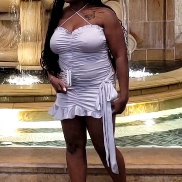 Silver Reflective Ruched Ruffled Self-Tie Mini Dress - Picture 7 of 7